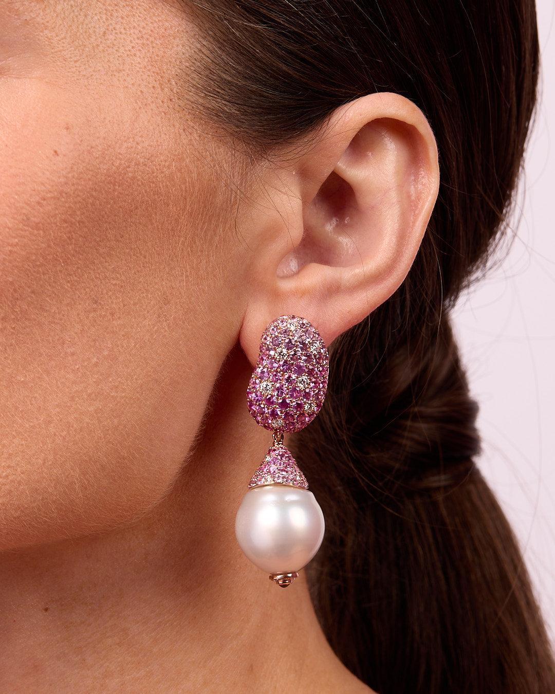'Jelly Bean' Pink Sapphire and Diamonds with Australian South Sea Pearl Drop Earrings