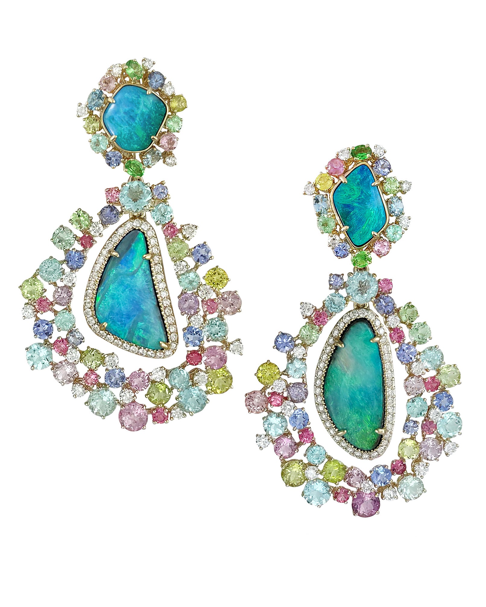 Australian Boulder Opal 21.28ct Earrings surrounded by multi-coloured Sapphires and Diamonds