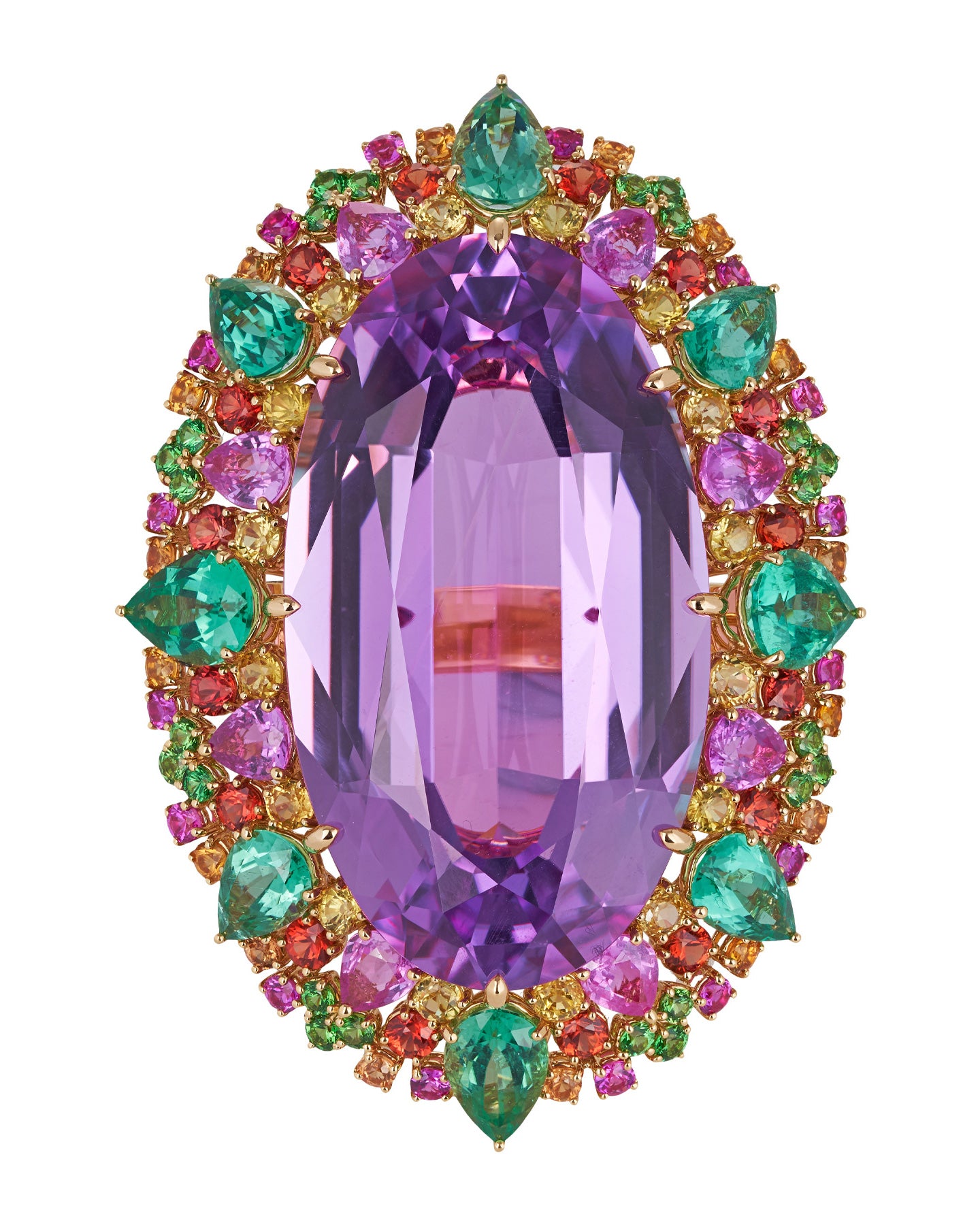 Kunzite 121.45ct Ring surrounded by Diamonds, Yellow, Pink and Orange Sapphires, Tsavorites and Paraiba
