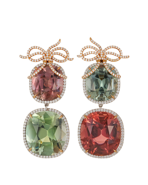 "Bow" tourmaline earrings, set with a pair of pink and green tourmaline, with brilliant cut diamonds, crafted in 18 karat rose gold.