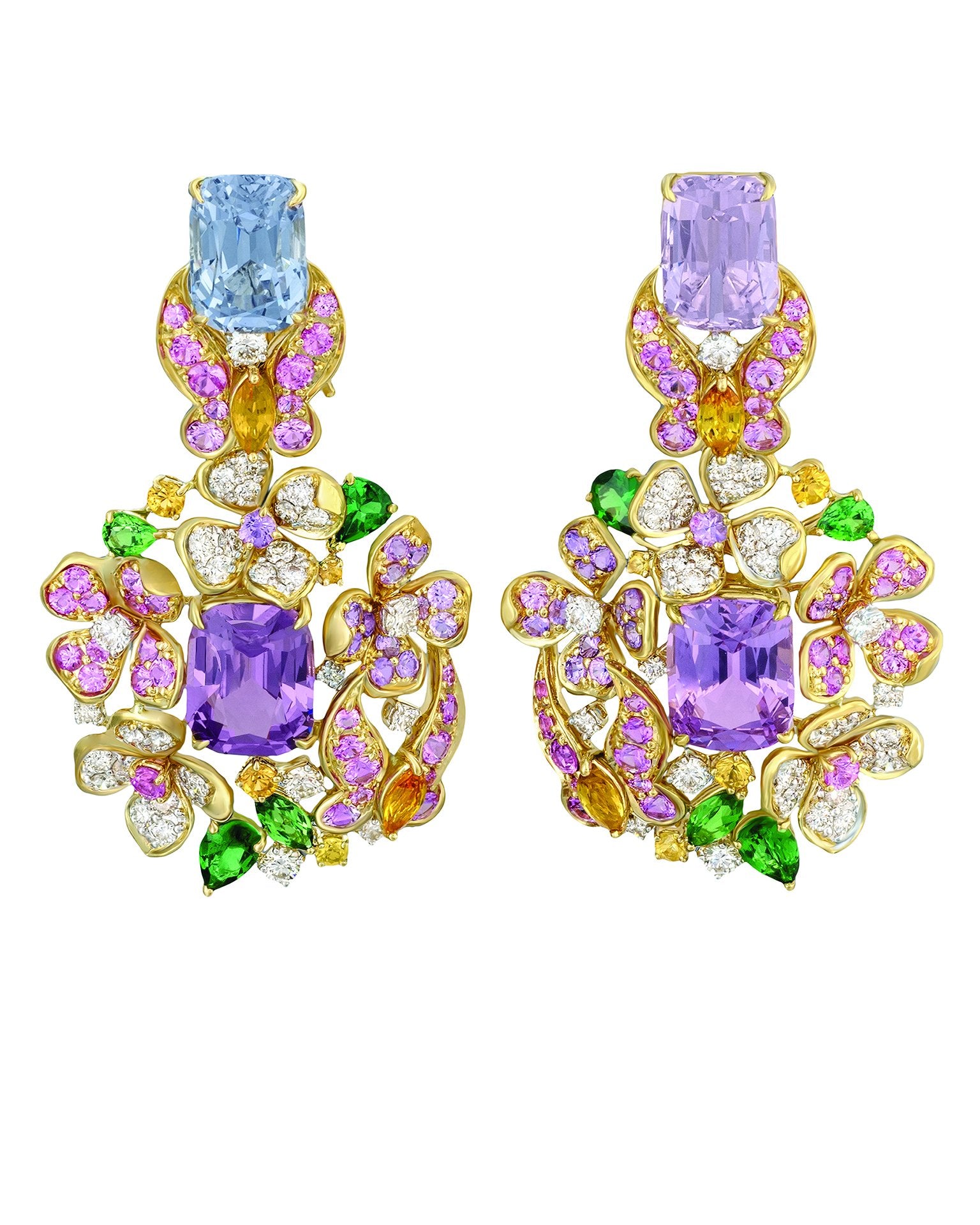 "Papillon" pink, purple, and violet spinels surrounded by butterflies and flowers with a myriad of sapphires, tsavorite garnets and diamonds, crafted in 18 karat yellow gold.