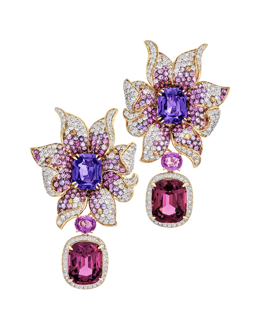 Purple Sapphire Orchid Earrings enhanced with a myriad of gemstones with a detachable pair of rhodolite garnet drops, crafted in 18 karat yellow gold