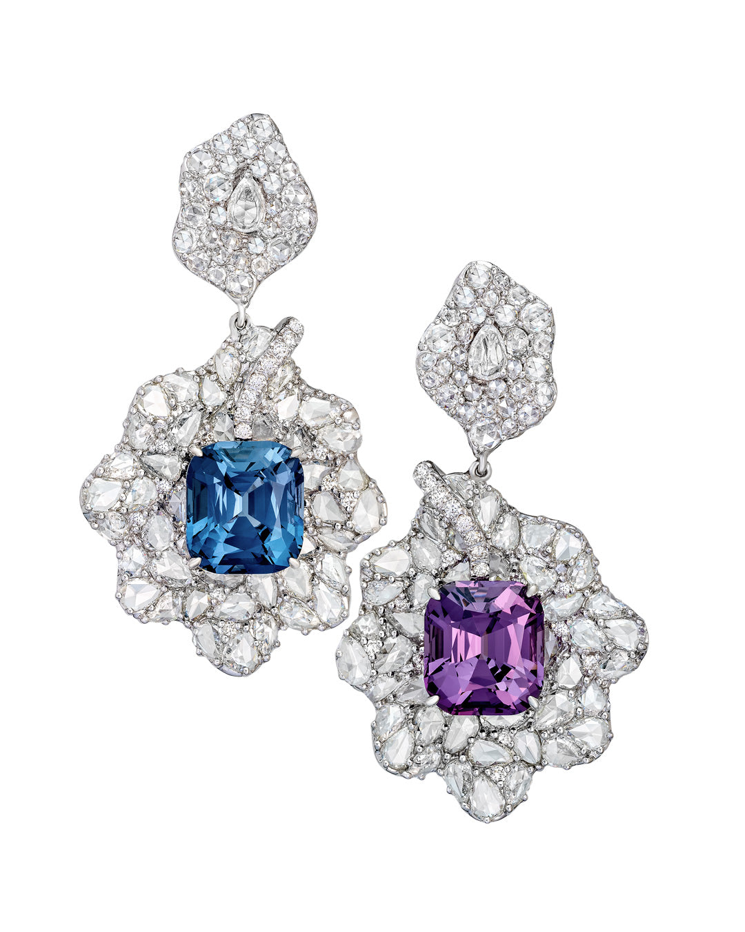 Diamond Chandelier Mix Match Earrings with violet and blue spinels enhanced with diamonds, crafted in 18 karat white gold