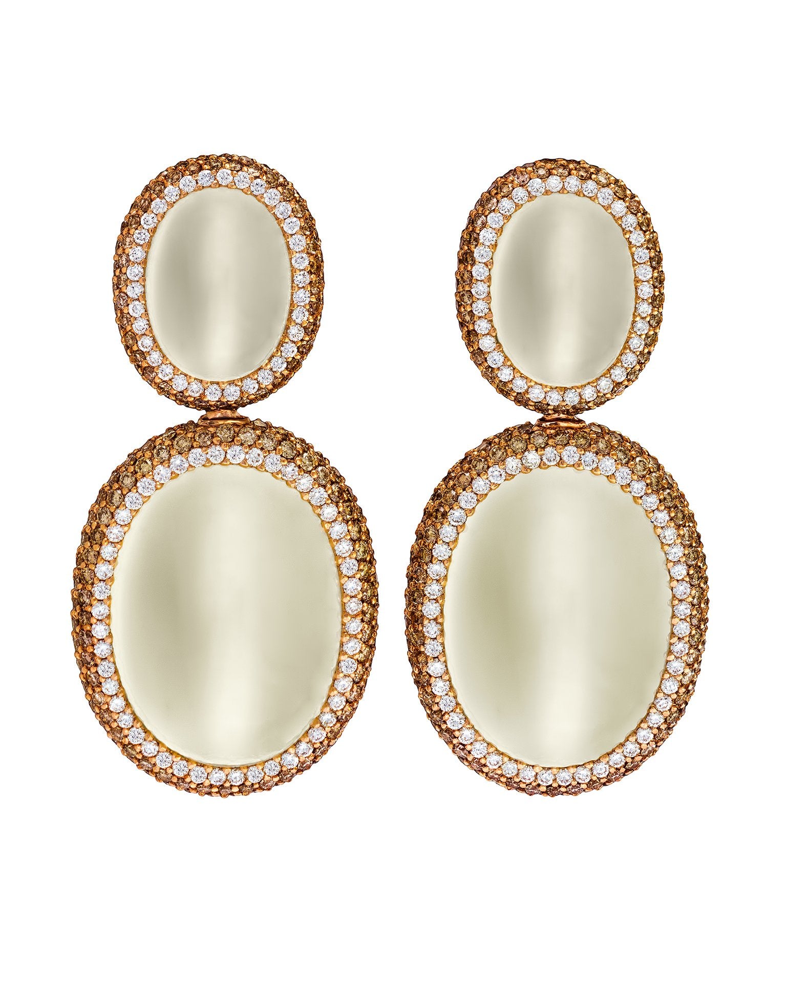 Moonstone pendant earrings set with brown and white diamonds, crafted in 18 karat rose gold.