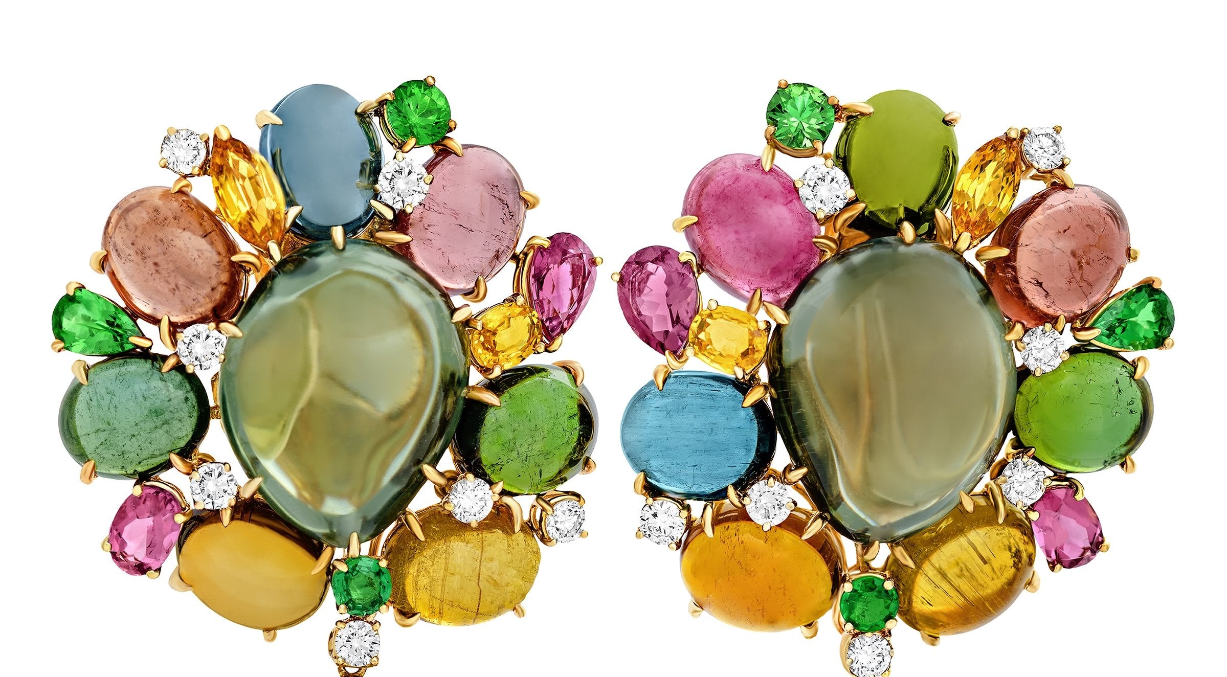 Multi colour tourmaline earrings featuring a myraid of gemstones, crafted in 18 karat yellow gold.