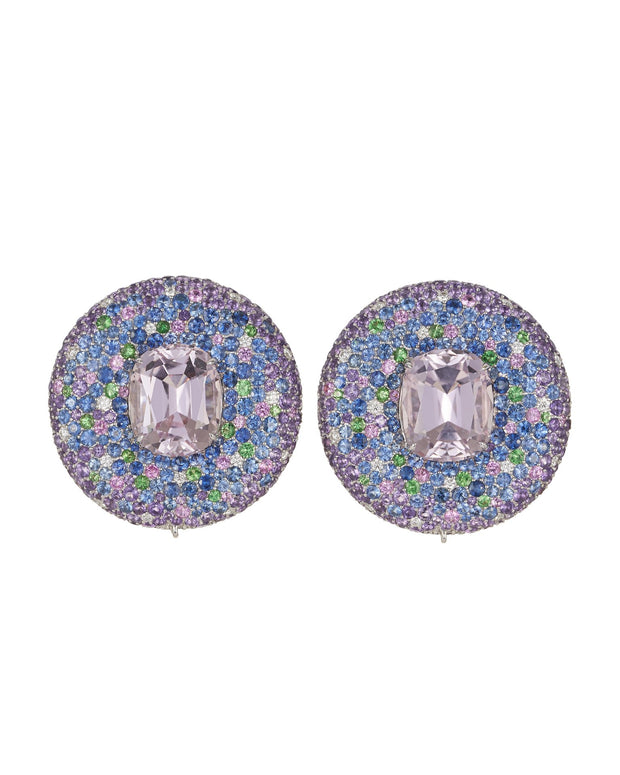 "Button" pink kunzite earrings set with a myriad of gemstones, crafted in 18 karat white gold.