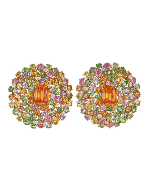 "Orange Burst" mandarin garnet earrings surrounded by a myriad of gemstones, crafted in 18 karat yellow gold.