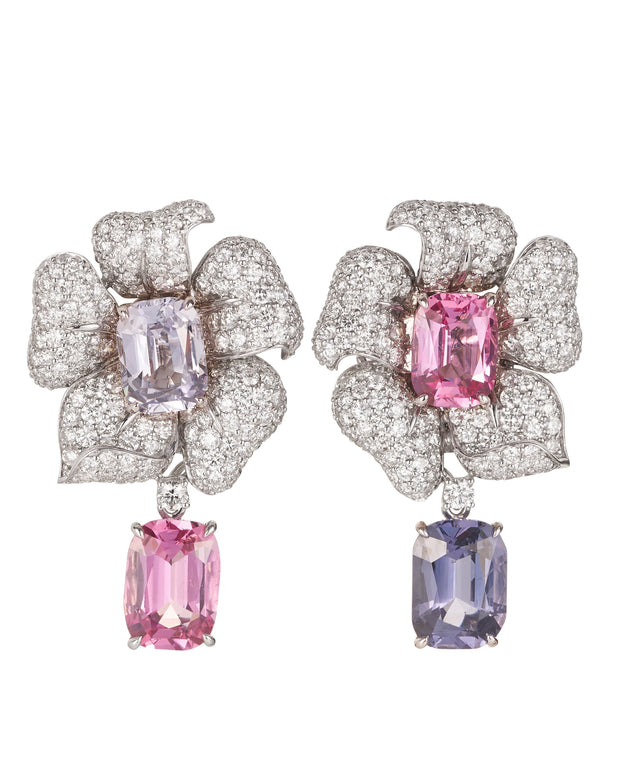 "Flower" earrings featuring a pair of blue and pink spinels set with diamonds, crafted in 18 karat white gold.