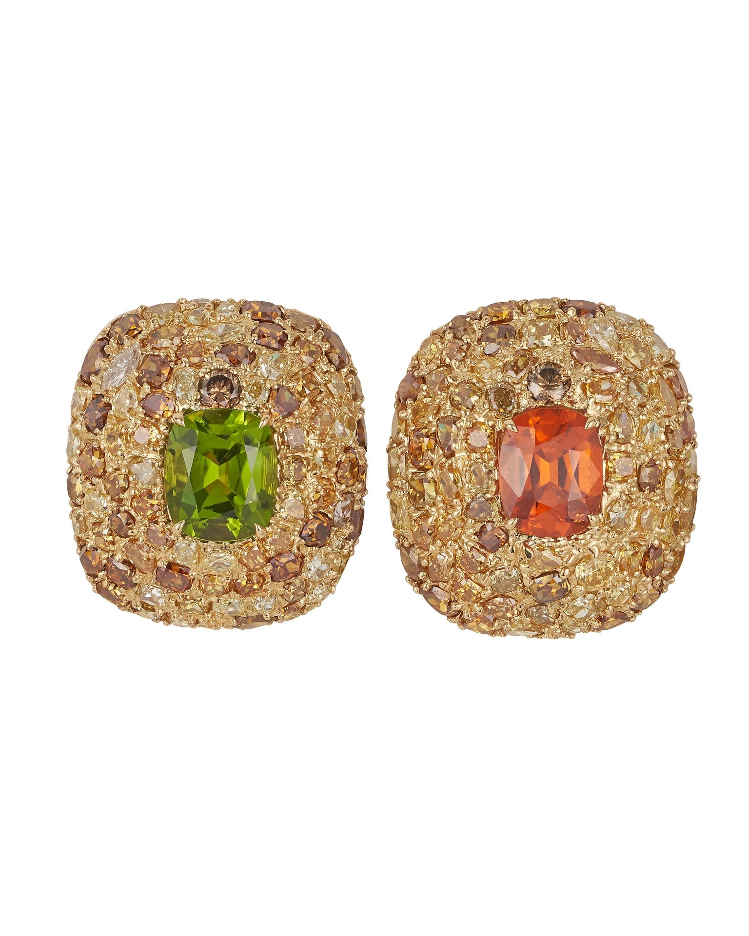 Mandarin garnet and peridot earrings, surrounded by cognac diamonds, crafted in 18 karat yellow gold.
