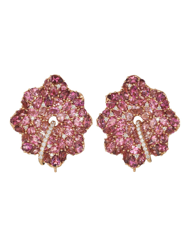 Mulberry lotus earrings, featuring lotus tops set with pear shape pink tourmalines and diamonds, crafted in 18 karat rose gold.