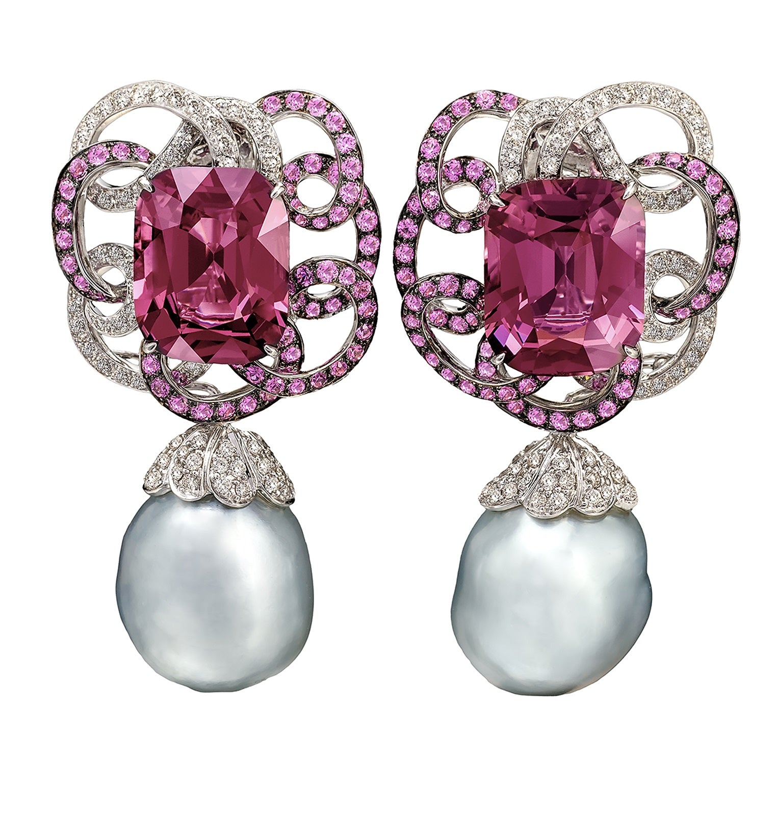 Purple and Pink Spinel Swirl Earrings with South Sea pearl drops enhanced by diamonds and pink sapphires, crafted in 18 karat white gold