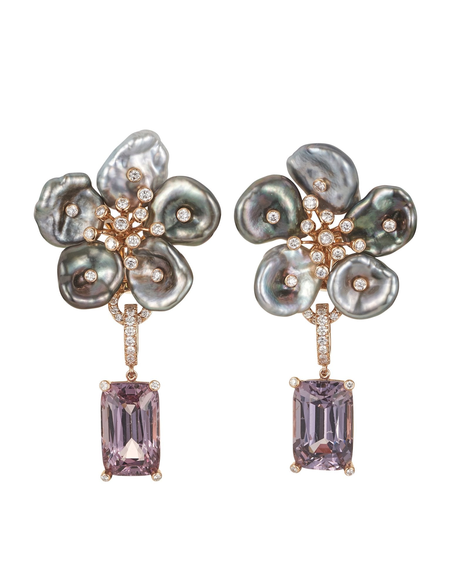 Tahitian Keshi Pearl flower earrings set with diamonds, with a pair of detachable lavender champagne spinel, crafted in 18 karat rose gold.