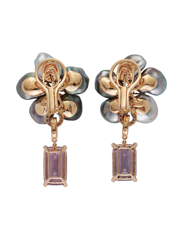 Tahitian Keshi Pearl flower earrings set with diamonds, with a pair of detachable lavender champagne spinel, crafted in 18 karat rose gold.