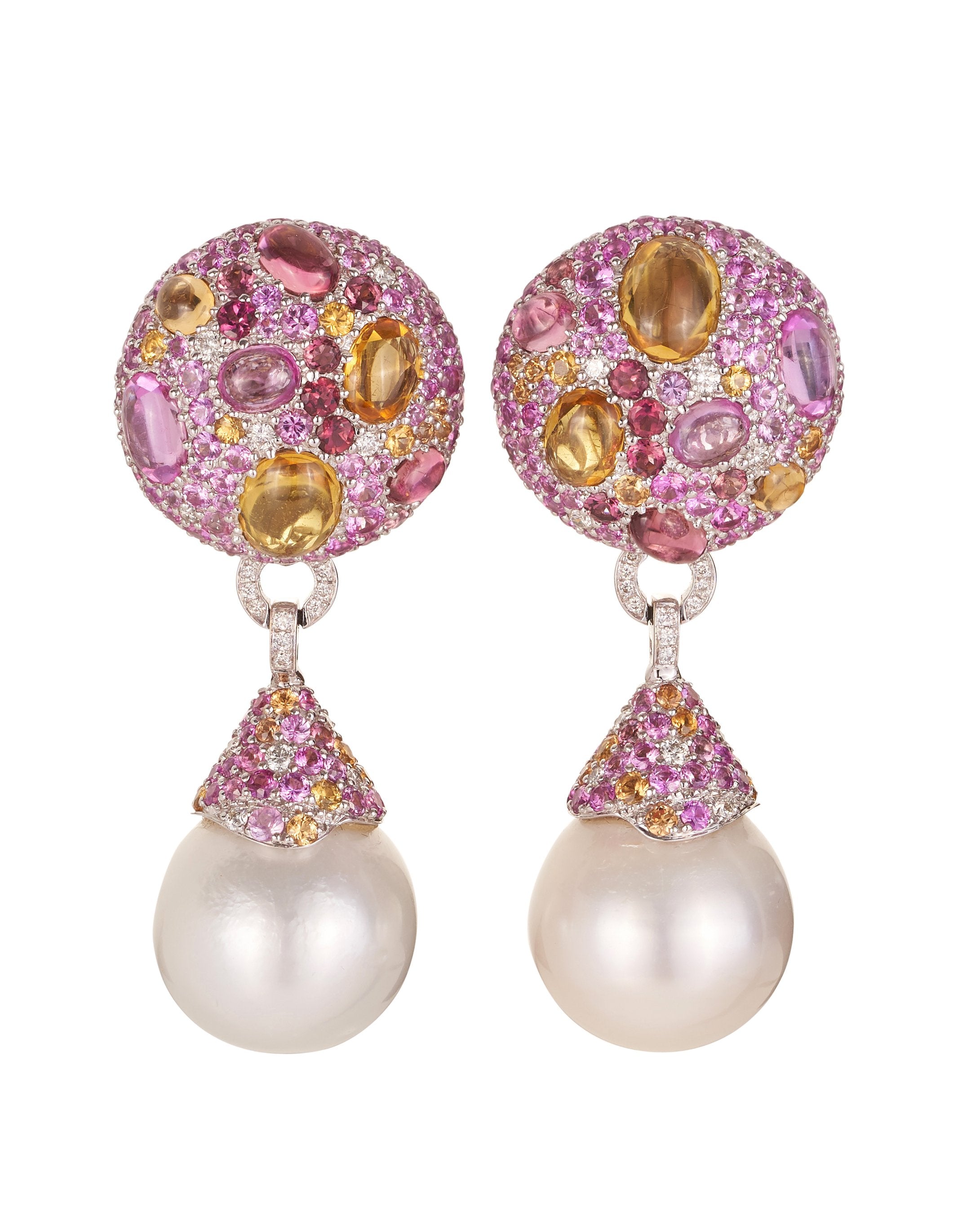 "Cookie" pink sapphire earrings, featuring capped South Sea Pearl pendant drops, crafted in 18 karat white gold.