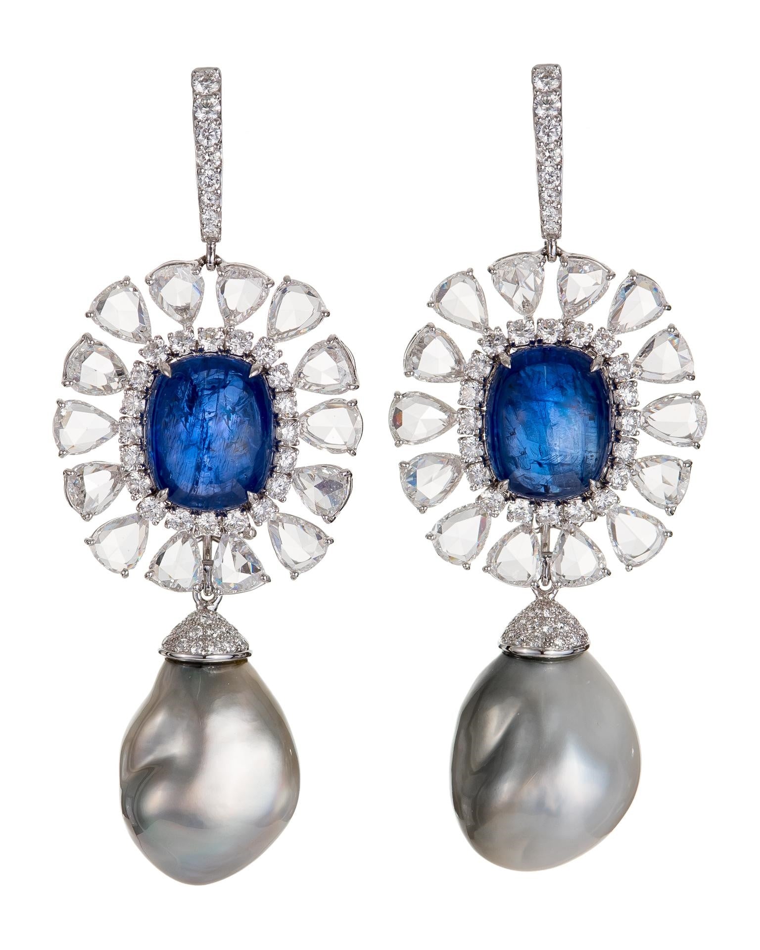 Elegant Cabochon Sapphire and Pearl Drop Earrings enhanced with rose cut and brilliant cut diamonds