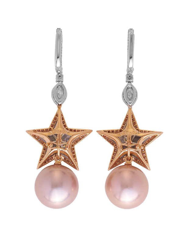Pink diamond and pearl "Star" earrings set with white and pink diamonds, featuring a detachable pair of pink fresh water cultured pearls, crafted in 18 karat rose gold.