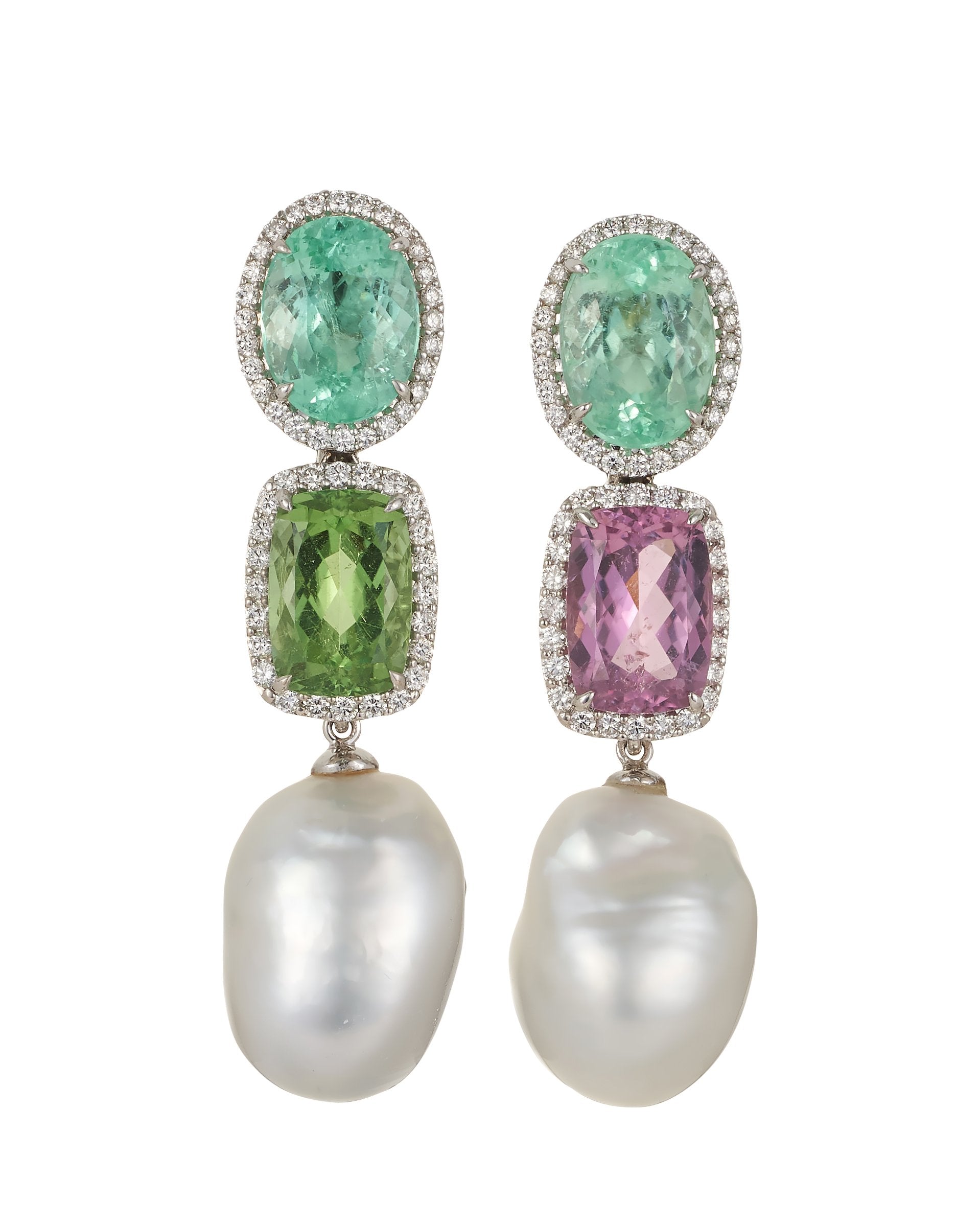 South Sea Pearl, tourmaline and diamond earrings, crafted in 18 karat white gold.