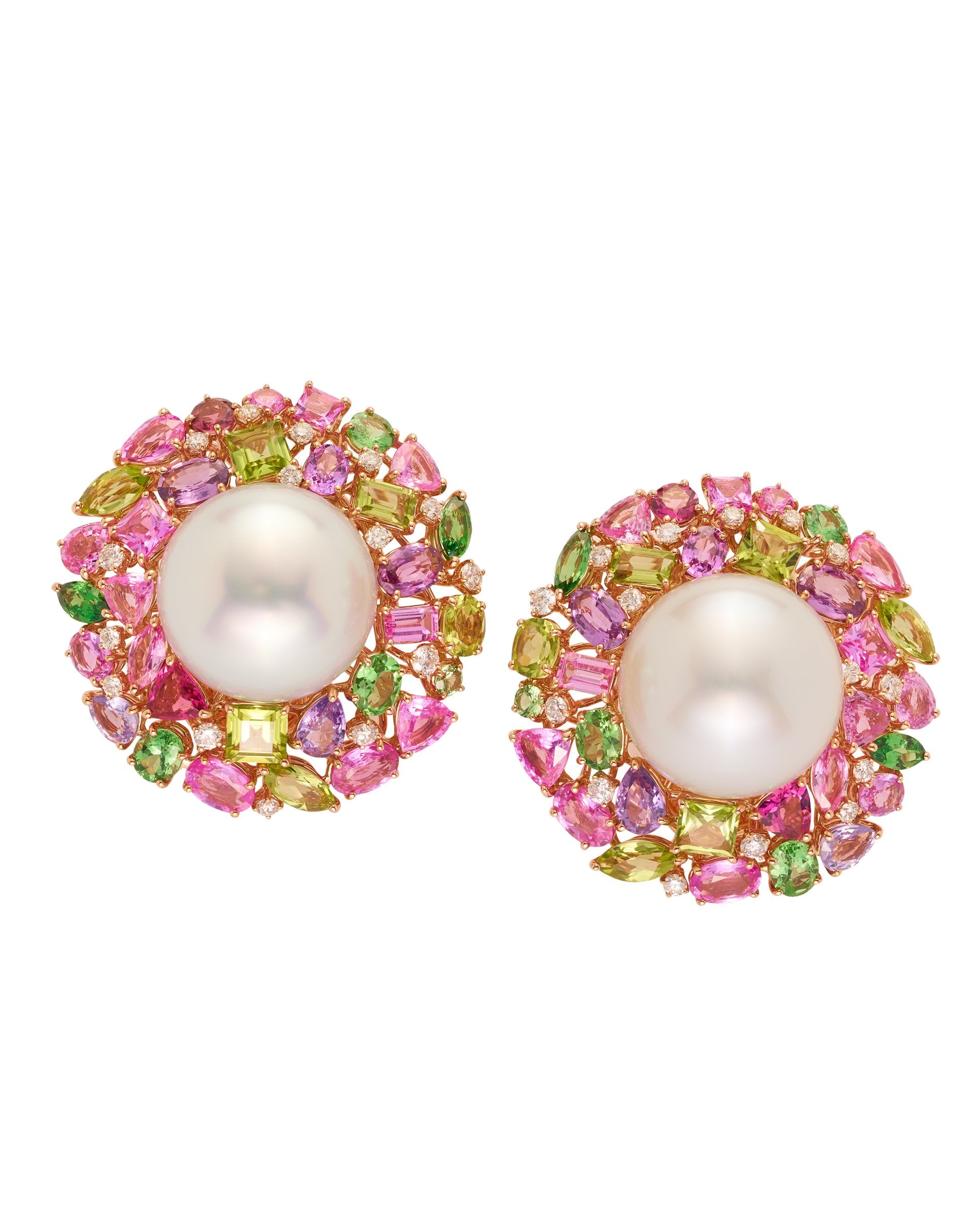 "Swirl" pink and green, pearl earrings, crafted in 18 karat rose and white gold.