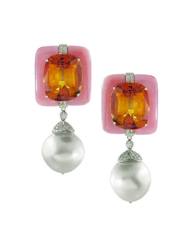 Madeira Citrine & Pink Opal Earrings with detachable Australian South Sea pearl drops, crafted in 18 karat yellow and white gold