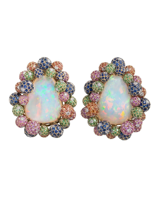 "en Tremblant" drop shape Ethiopian opal earrings, enhanced with a myriad of gemstones, crafted in 18 karat yellow gold.