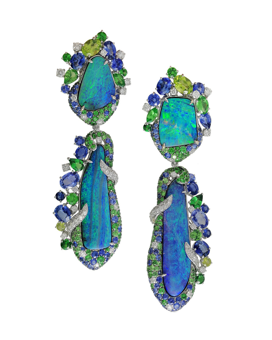 "Opal Isle" Earrings enhanced with diamonds, sapphires, tsavorite and peridot, crafted in 18 karat white gold