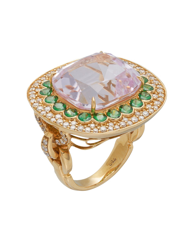 Rose de France ring set with tsavorite garnets and diamonds, crafted in 18 karat yellow gold.