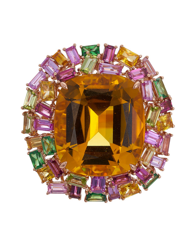 Sunflower golden beryl cocktail ring enhanced with a myriad of gemstones, crafted in 18 karat yellow gold