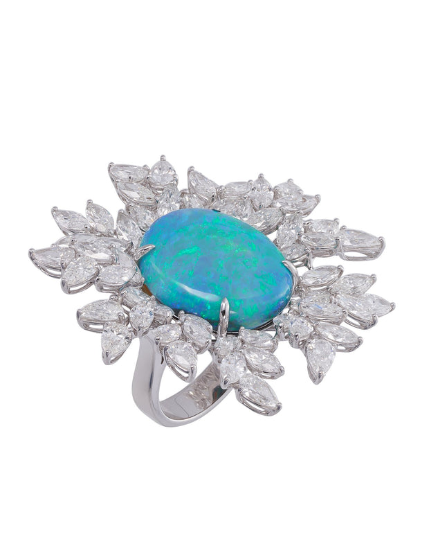 "Constellation" black opal and diamond ring, crafted in 18 karat white gold.