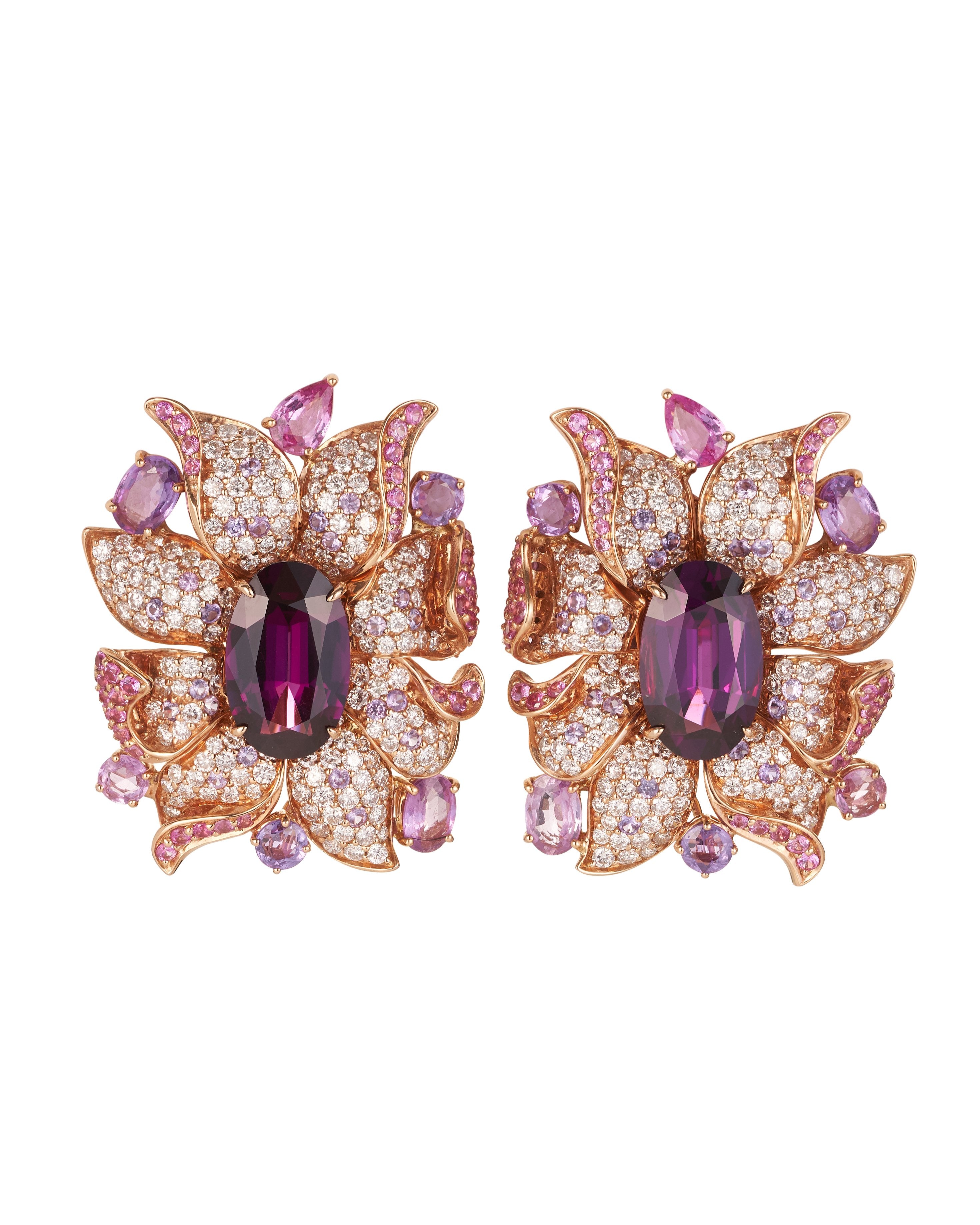 "Viva" umbalite garnet flowers surrounded by diamonds, pink and purple sapphires, crafted in 18 karat rose gold.