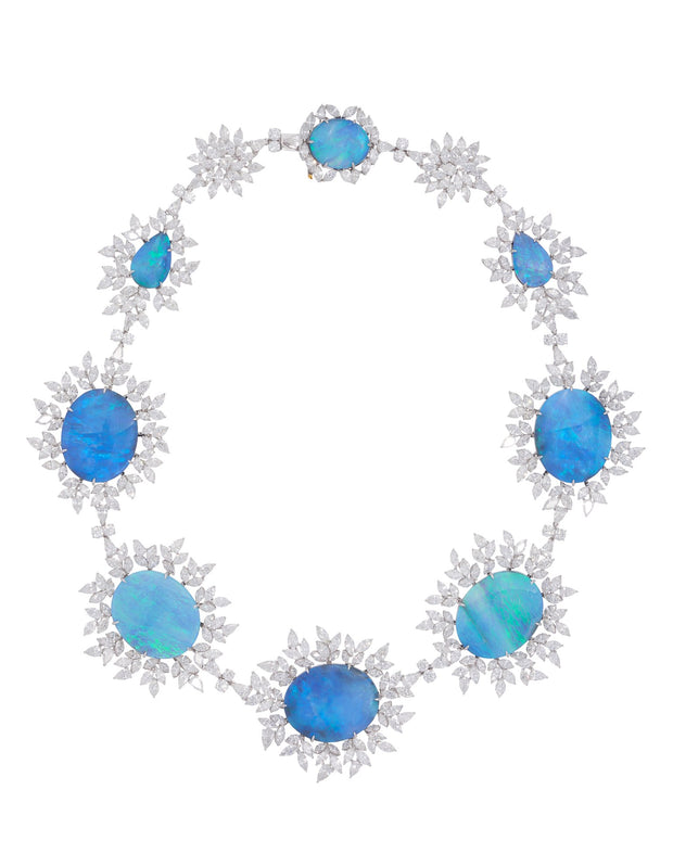 "Constellation" black opal and diamond necklace, crafted in 18 karat white and yellow gold.