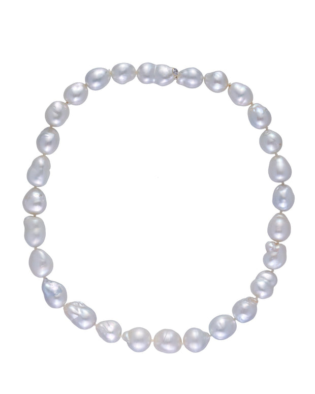 Australian South Sea pearl necklace featuring a diamond set bayonet clasp, crafted in 18 karat white gold.