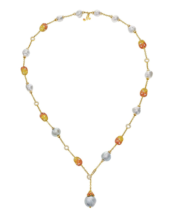 "Bliss" Lariat Necklace with Australian South Sea pearls enhanced with ‘pebbles’ of yellow and orange sapphires and diamonds, crafted in 18 karat yellow gold.