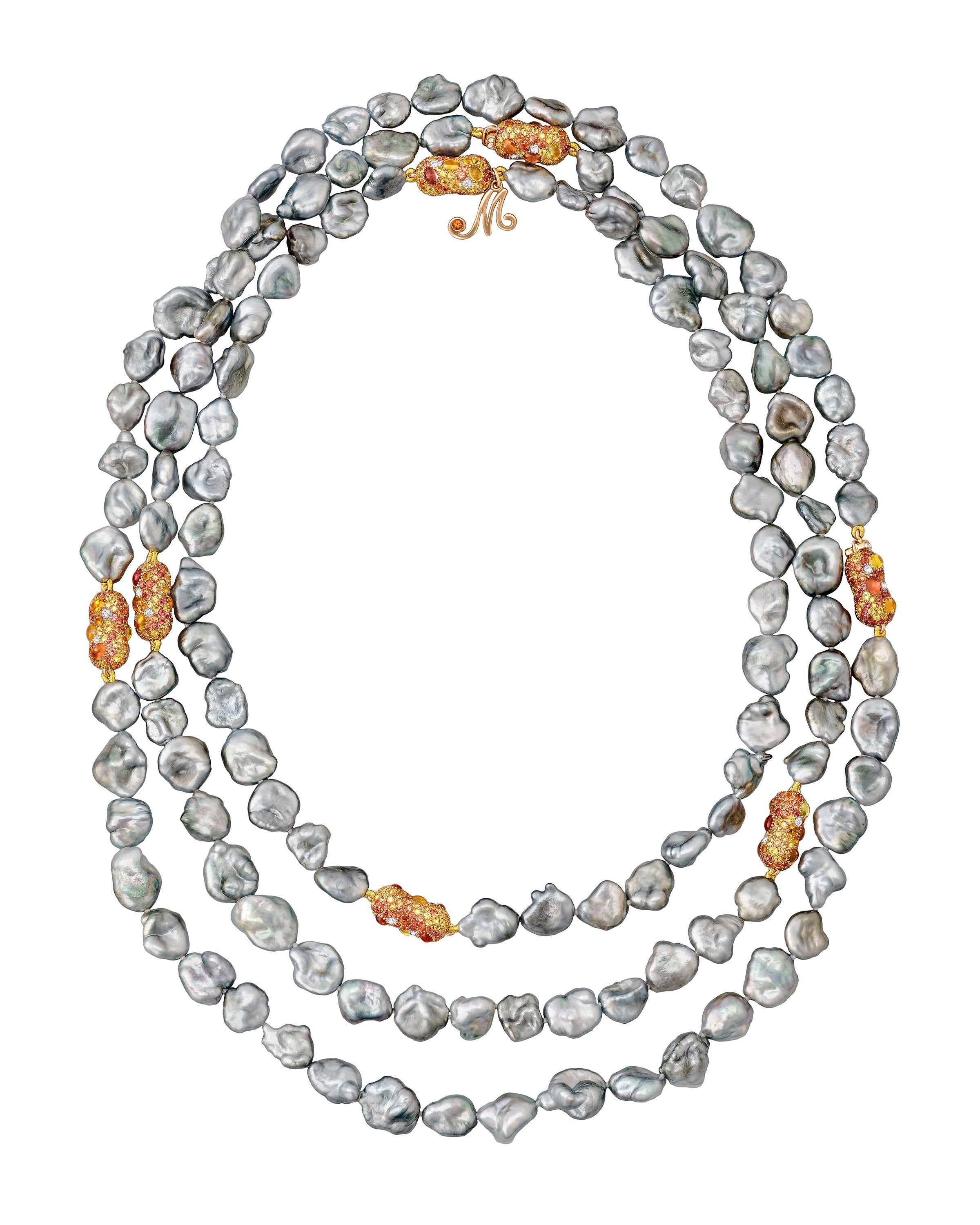 Tahitian Keshi pearl necklace with enhancers set with a myriad of gemstones, crafted in 18 karat yellow gold.