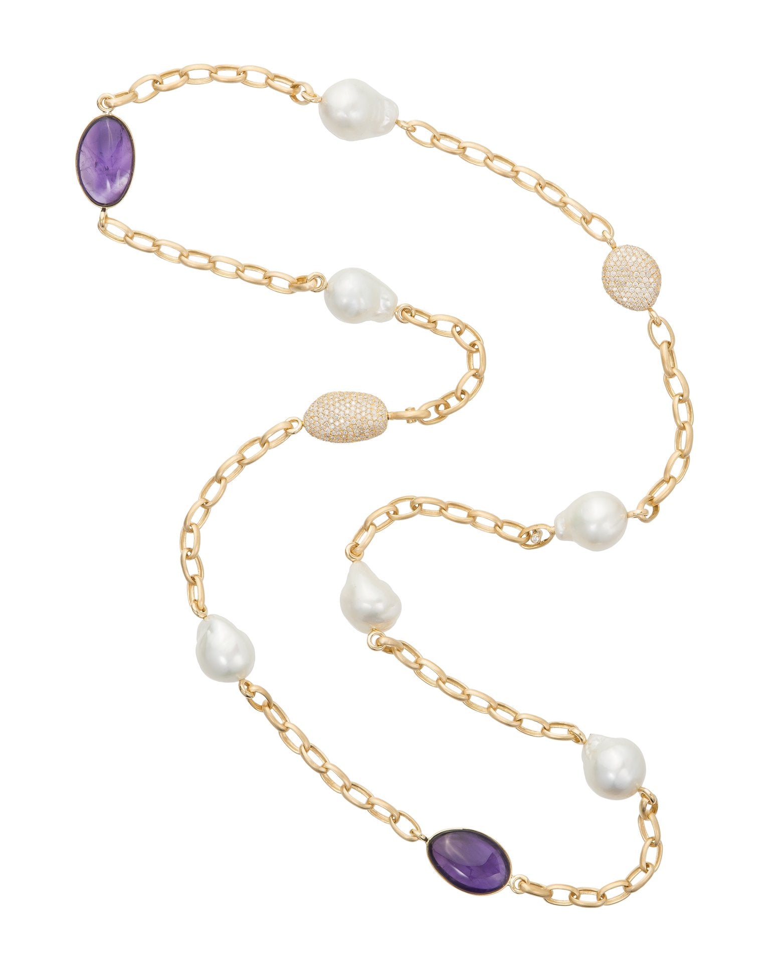 Necklace with Australian South Sea Pearls, amethyst pebbles and diamond pave pebbles with 18 karat yellow gold chain.