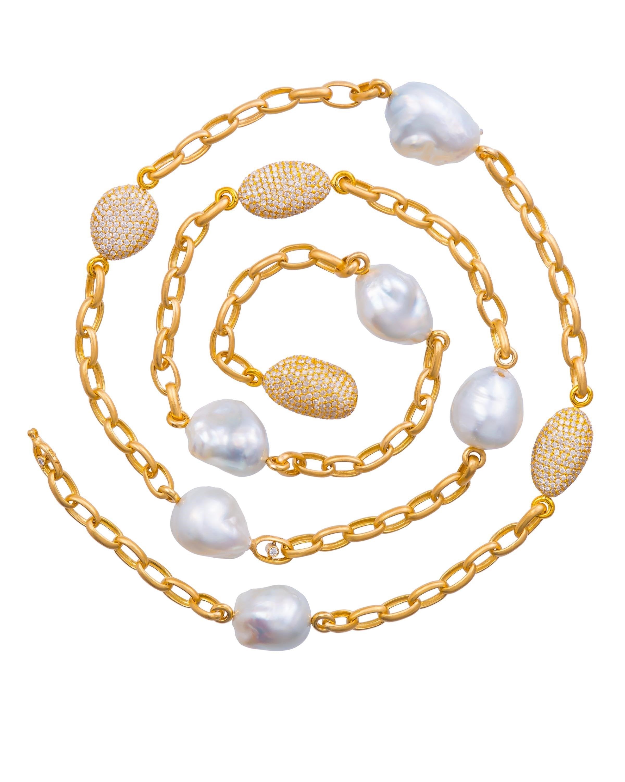 South Sea pearl and diamond necklace featuring Australian baroque pearls and pave diamond beads set diamonds, crafted in 18 karat yellow gold.