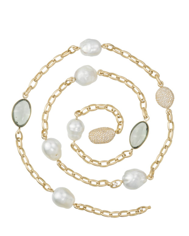South Sea Pearl, diamond and green amethyst necklace, crafted in 18 karat yellow gold.
