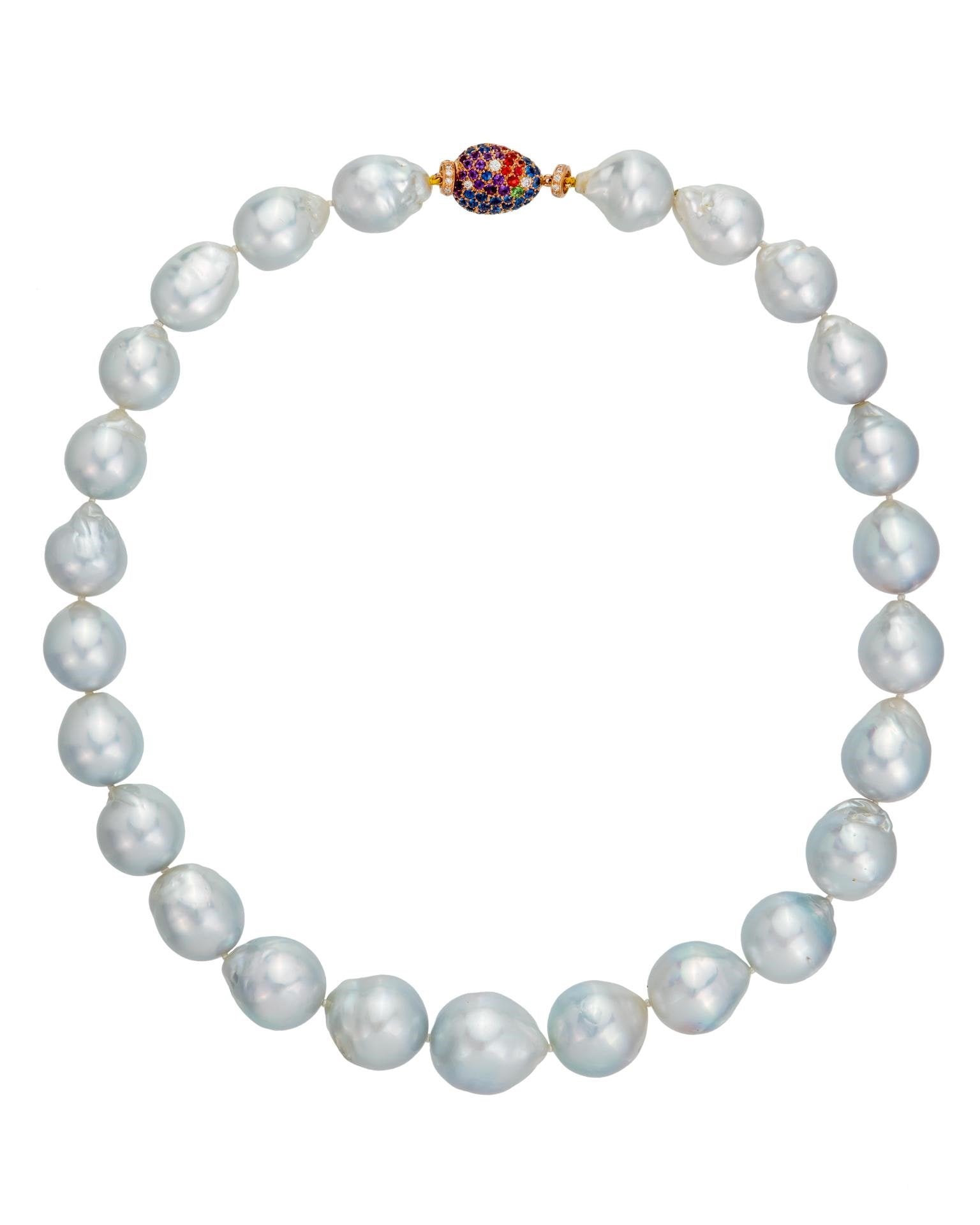 South Sea pearl strand with multi-stone clasp, crafted in 18 karat rose gold.