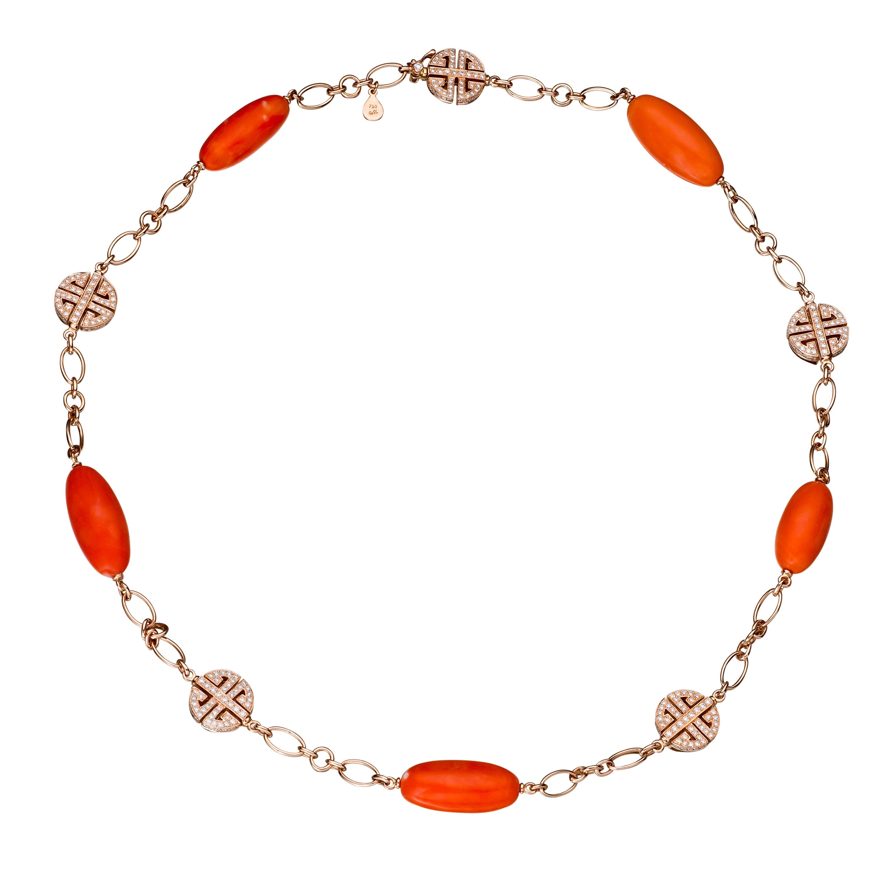 Coral and diamond emblem gold necklace, crafted in 18 karat rose gold.