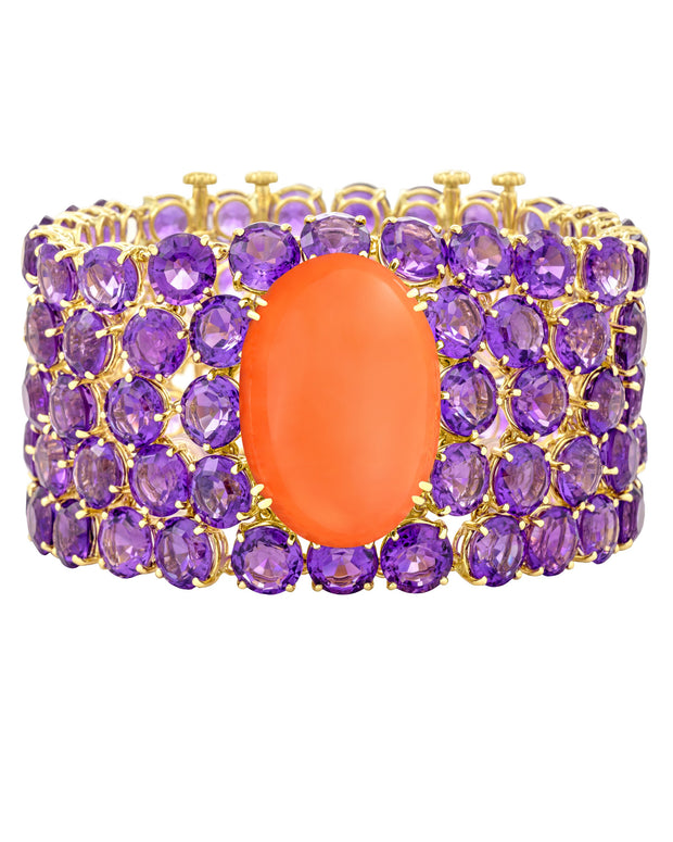 NYC Coral cuff featuring amethyst, crafted in 18 karat yellow gold.