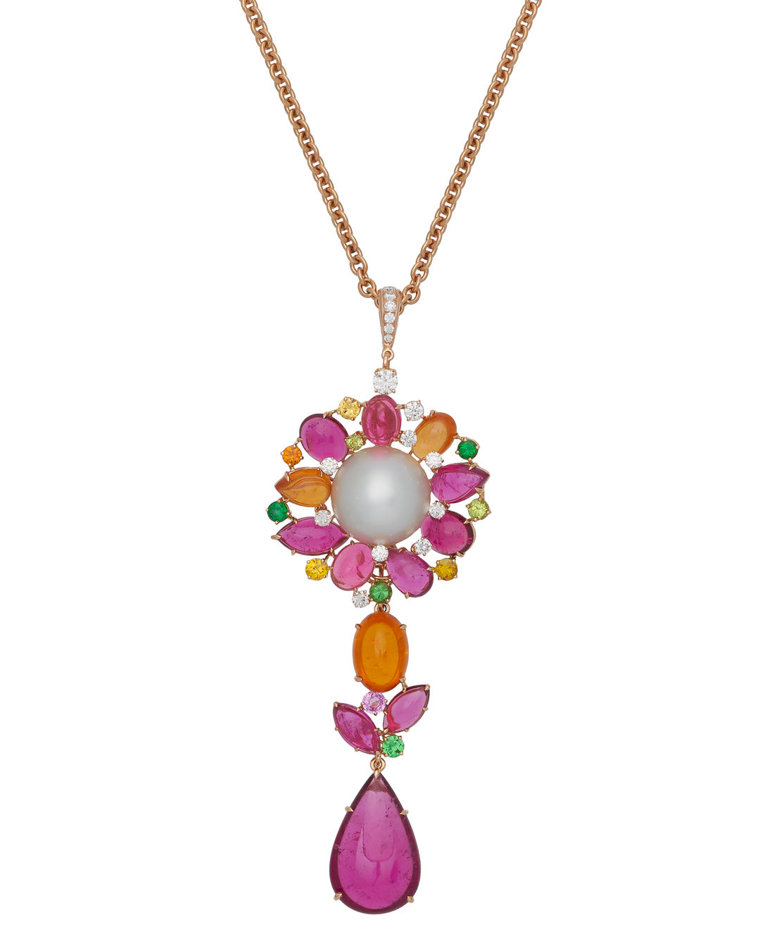 Sunflower pendant with Australian South Sea Pearl enhanced by a myriad of gemstones, crafted in 18 karat rose gold