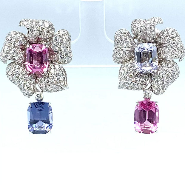 "Flower" earrings featuring a pair of blue and pink spinels set with diamonds, crafted in 18 karat white gold.