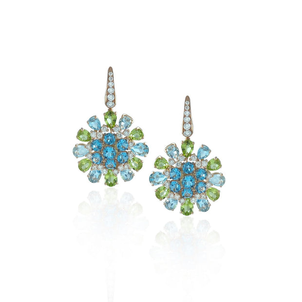 Blue topaz and peridot drop earrings, crafted in 18 karat rose gold.